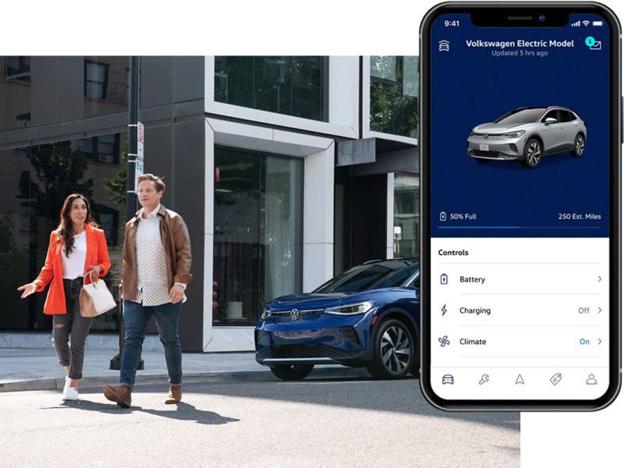 Street level shot of a man and woman walking away from a parked ID.4 in Dusk Blue Metallic. The myVW app is displayed on a superimposed mobile phone.